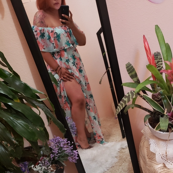 BLUE DRESS SILK FLOWER PRINT OFF SHOULDER MAXI MULTIPLE SIZES AVAILABLE - Picture 4 of 7